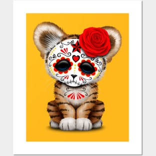 Red Day of the Dead Sugar Skull Tiger Cub Posters and Art